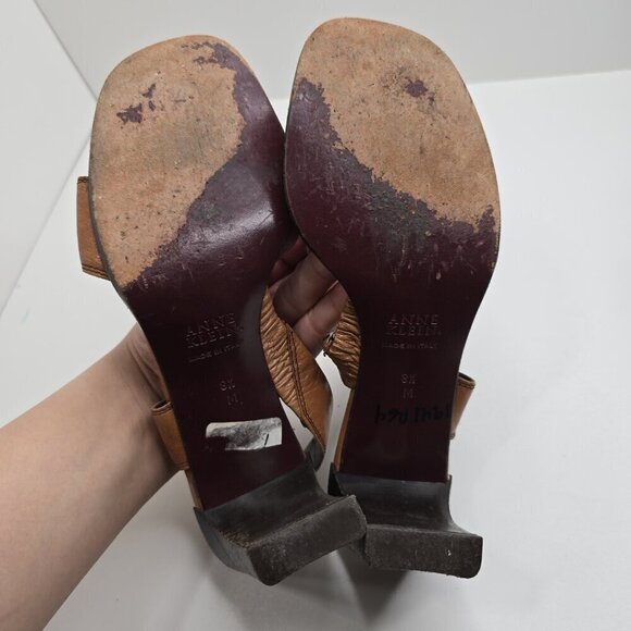 Vintage 90s Y2K Made in Italy Cognac Brown Leather Square Toe Block Heels - Picture 11 of 12